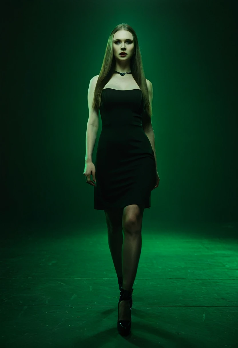 black dress, dress, 1girl, solo, masterpiece, upper body, A beautiful evil slavic woman, pale skin, long hair, full body, cinematic, high quality, realistic, simple background), (black high heels:0.7), (black high heels:0.7), highres, intricate detail, cinematic lighting, amazing quality, amazing shading, soft lighting, indoors, neon noir, green neon, green reflections