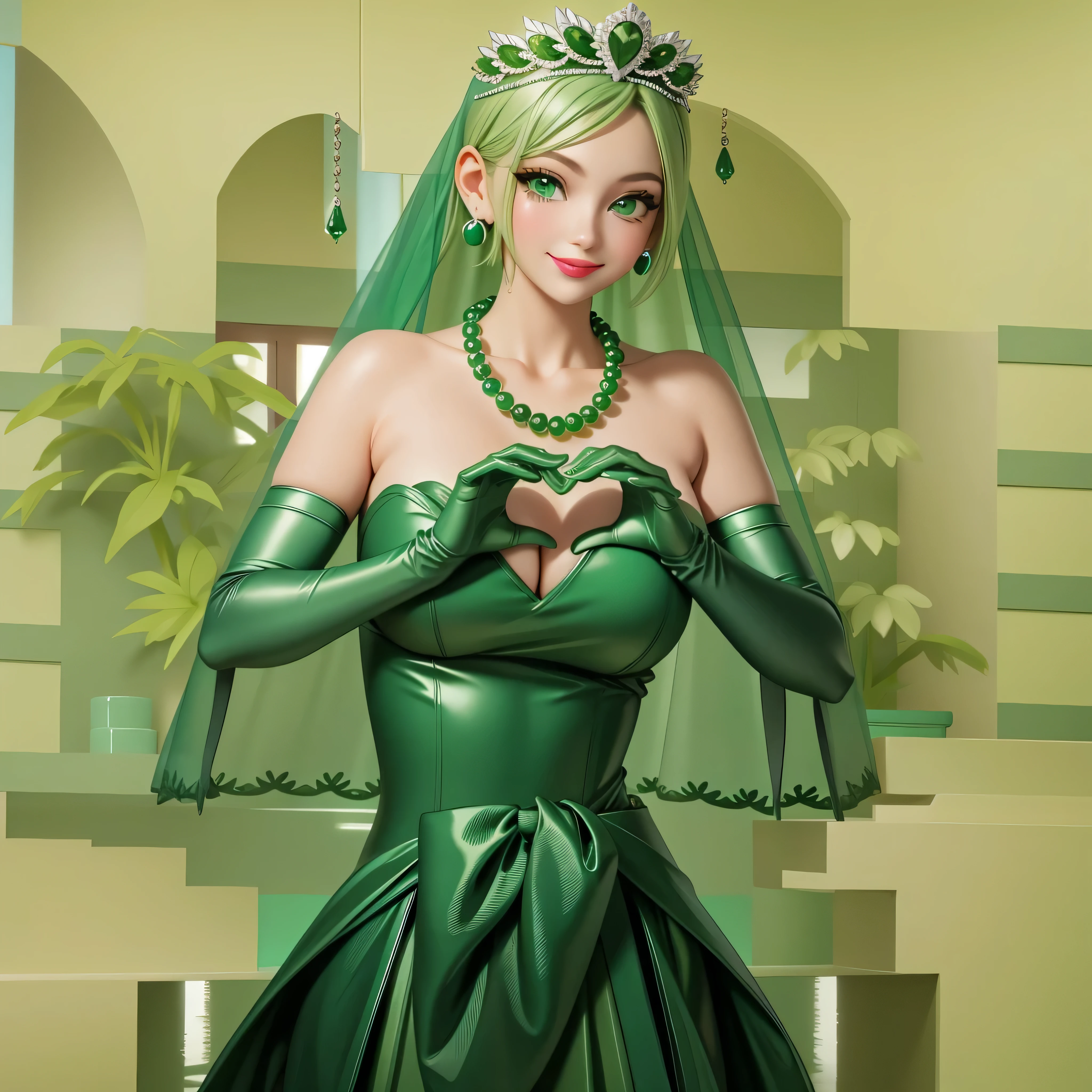 emerald tiara, Green Pearl Necklace, Boyish very short green hair, Green Lips, Smiling Japanese woman, Very short hair, Busty beautiful lady, Green Eyes, Green satin long gloves, Green Eyes, Emerald Earrings, Green veil, Heart with both hands, Green Hair, Beautiful Japanese Woman, Heart shaped hands:1.3, green lip gloss