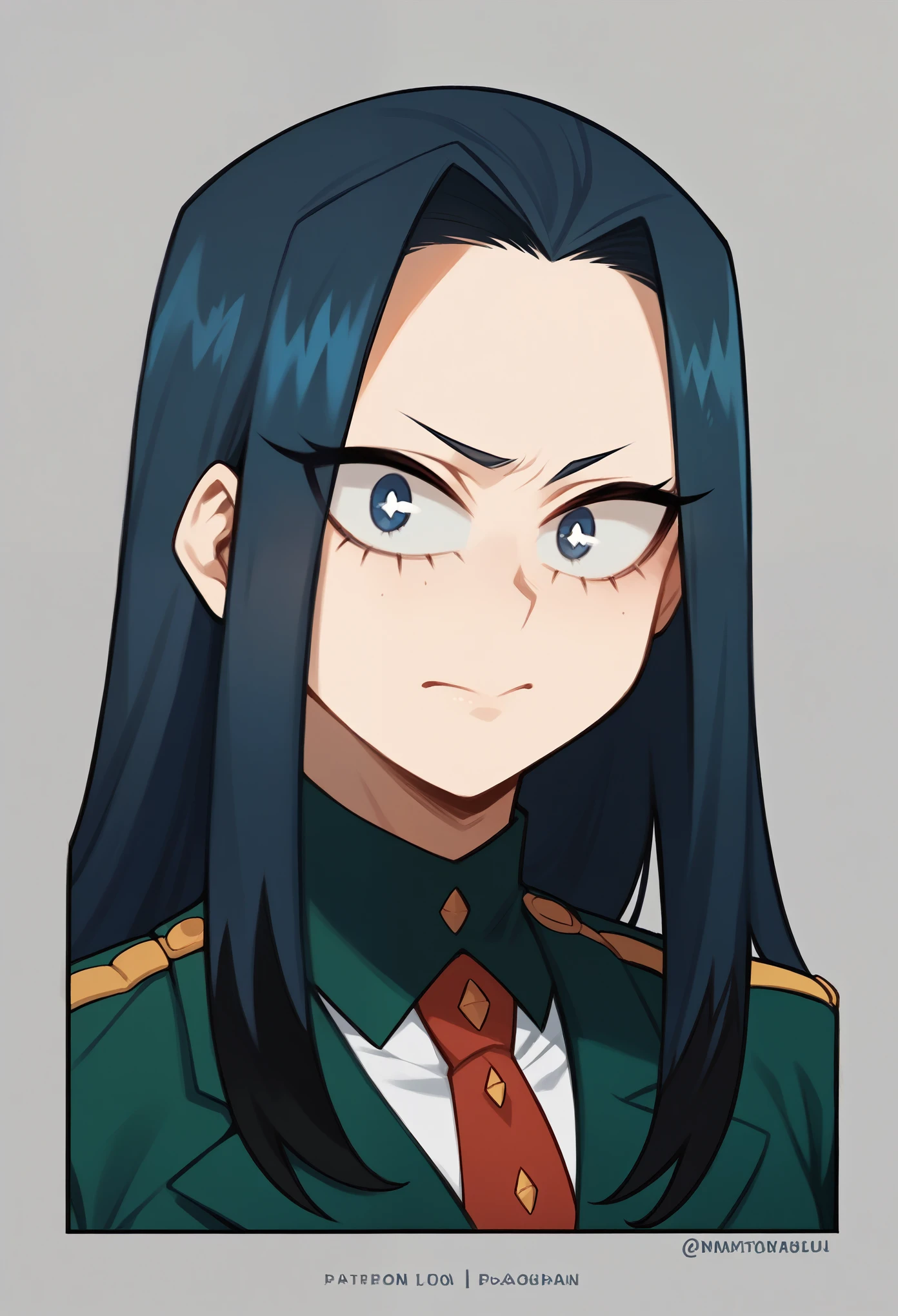 Create a My Hero Academia-style girl, with straight navy blue hair with black highlights, grayish blue eyes, with a gray, green uniform and a red UA tie, alpha eyes, long hair, somewhat serious expression. 