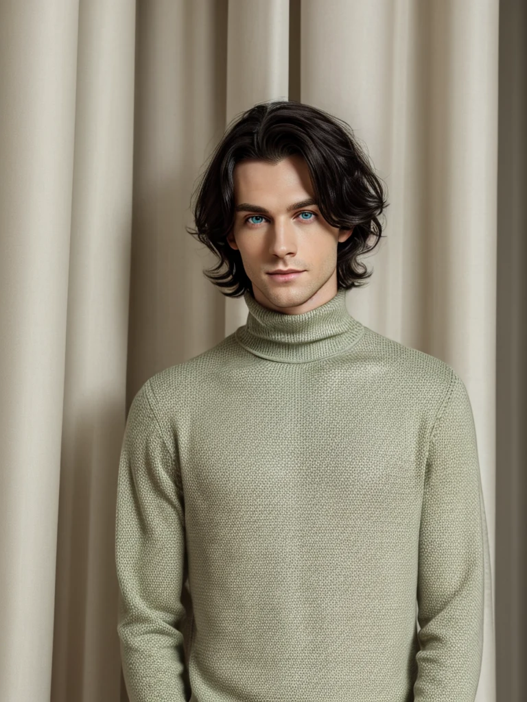 (best quality), 1boy, pale skin, black hair, medium hair, curtain hair, tousled hair, green eyes, perfect eyes, dark circles under eyes, tall, slender, handsome, strong jawline, lazy, light smile, attractive, turtleneck sweater, masterpiece, anatomically correct, highres