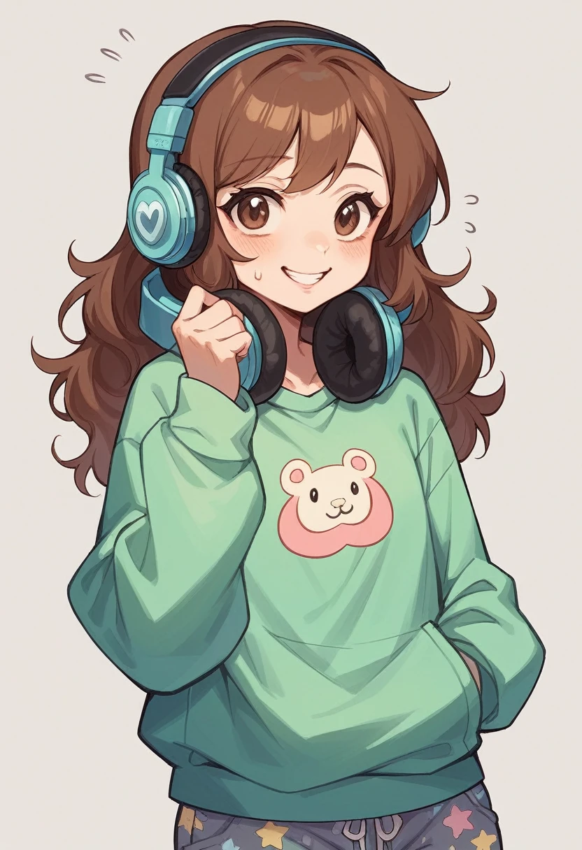 Face, A 20-year-old girl with long, wavy brown hair and expressive brown eyes lounges comfortably at home. She has fair skin with rosy cheeks and wears an oversized pastel sweatshirt and gray sweatpants, along with fluffy, patterned socks. Over her ears are sleek, full-sized headphones, likely matte black or white, adding a modern touch to her relaxed look. She seems immersed in what she's listening to, swaying slightly to the rhythm with a content smile on her lips.