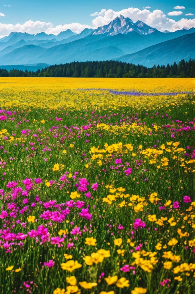 a close up of a field of flowers with mountains in the background, a tilt shift photo by Niko Henrichon, trending on unsplash, color field, fields of flowers, an aesthetic field of flowers, field of flowers, in a field of flowers, field of fantasy flowers, flower field, field of mixed flowers, field of wild flowers, flower meadow