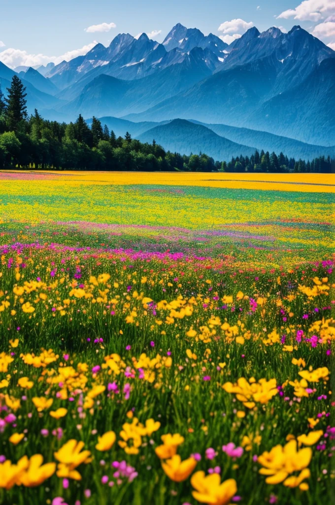 a close up of a field of flowers with mountains in the background, a tilt shift photo by Niko Henrichon, trending on unsplash, color field, fields of flowers, an aesthetic field of flowers, field of flowers, in a field of flowers, field of fantasy flowers, flower field, field of mixed flowers, field of wild flowers, flower meadow