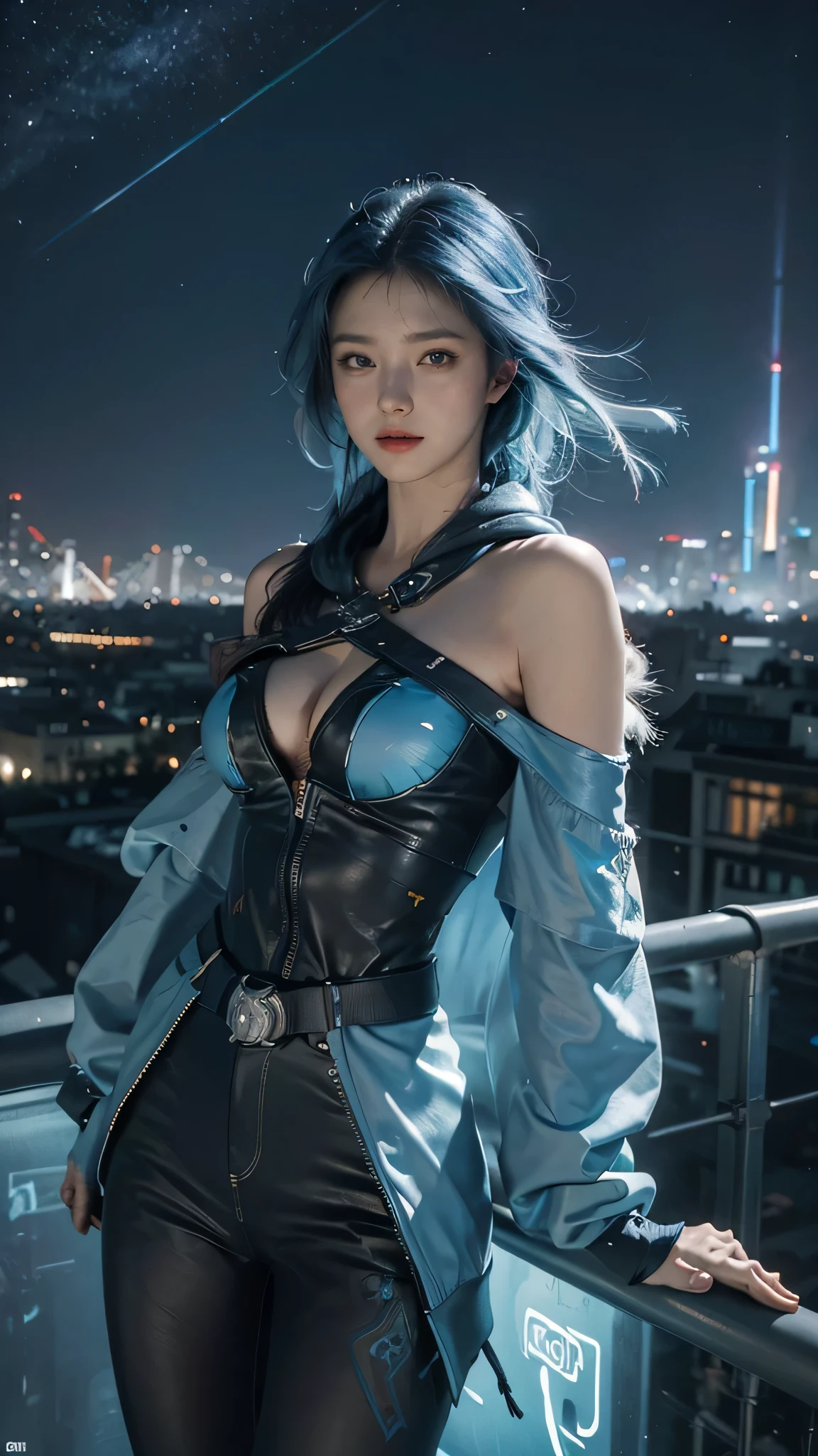 (masterpiece), best quality, ultra high res,, cyberpunk 1girl flying above stunning cityscape ,hoodie,blue hair,  neon color shooting stars, very long hair, off shoulder, feather hair ornament, neon colors, flashes, stunning night sky, cinematic lighting, photorealistic, realistic skin, HDR,fisheye