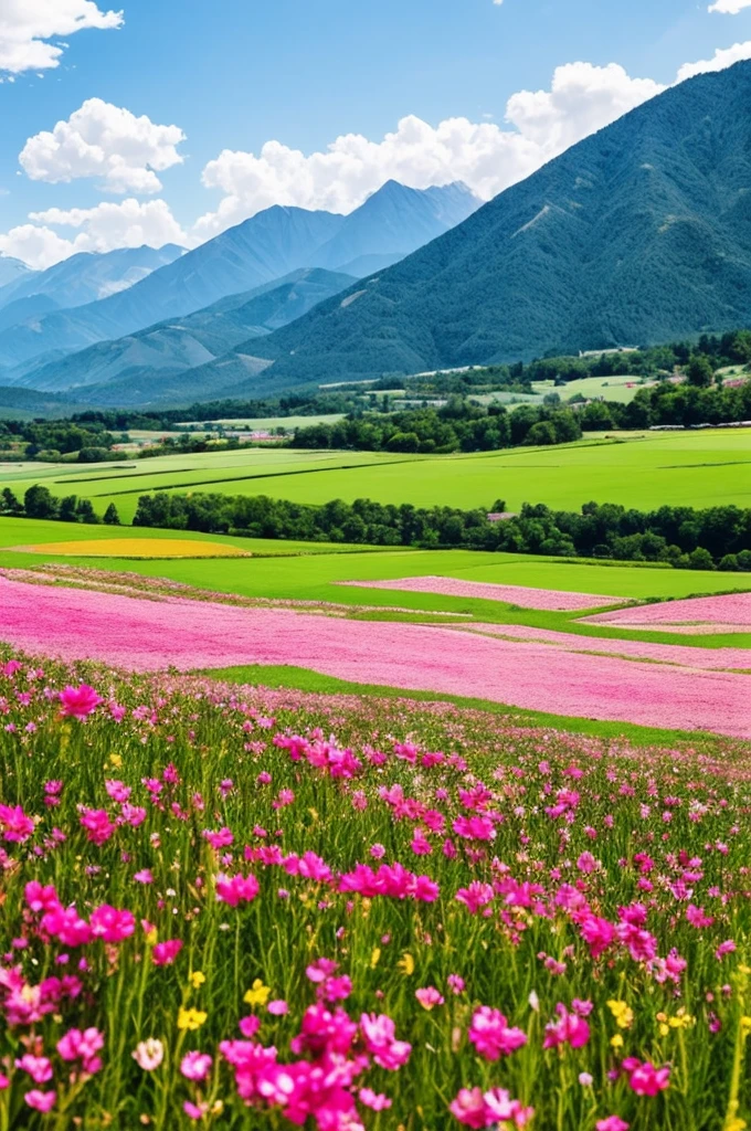 a close up of a field of flowers with mountains in the background, a tilt shift photo by Niko Henrichon, trending on unsplash, color field, fields of flowers, an aesthetic field of flowers, field of flowers, in a field of flowers, field of fantasy flowers, flower field, field of mixed flowers, field of wild flowers, flower meadow