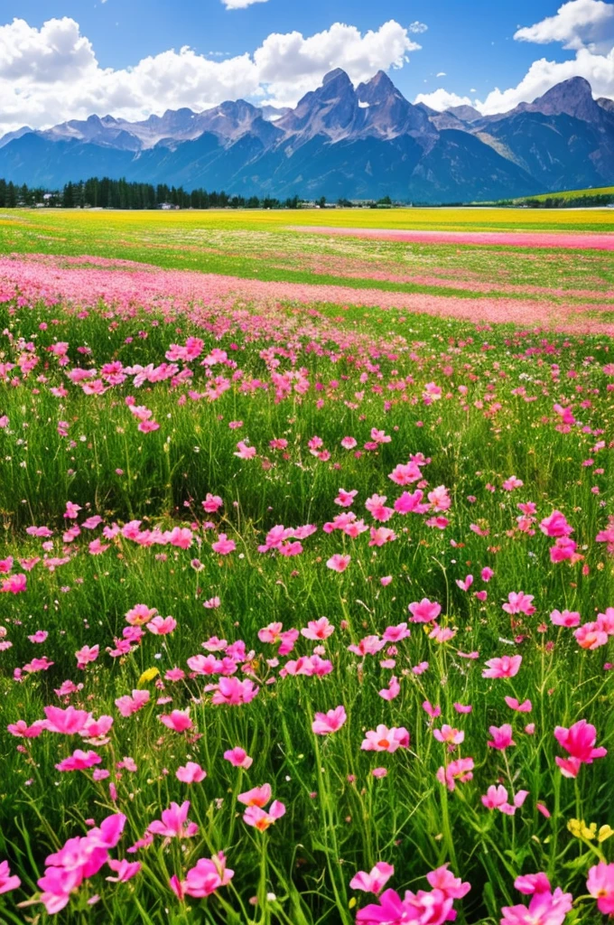 a close up of a field of flowers with mountains in the background, a tilt shift photo by Niko Henrichon, trending on unsplash, color field, fields of flowers, an aesthetic field of flowers, field of flowers, in a field of flowers, field of fantasy flowers, flower field, field of mixed flowers, field of wild flowers, flower meadow