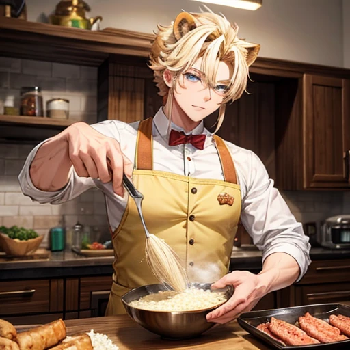A beautiful blonde lion beastman is making pork loin cutlet A bowl of rice