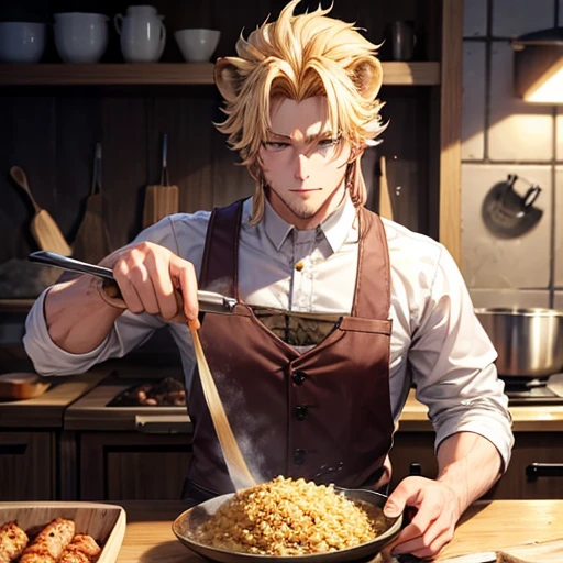 A beautiful blonde lion beastman is making pork loin cutlet　A bowl of rice