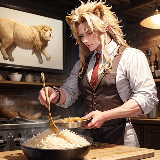 A beautiful blonde lion beastman is making pork loin cutlet A bowl of rice