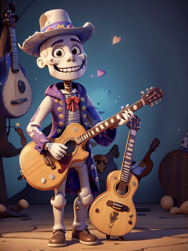 a smiling skeleton character in a combined wizard and Mariachi Costume, Detailed clothing, holding a guitar in the left hand, surrounded by a Healing aura, in a cheerful cartoon style background, (Best Quality,4k,8k,high resolution,Masterpiece:1.2),ultra detailed,(realist,photorealist,photo-realist:1.37),1 skeleton character,wizard's robe,Mariachi Costume,detailed guitar,Healing aura,cheerful cartoon style,vibrant colors