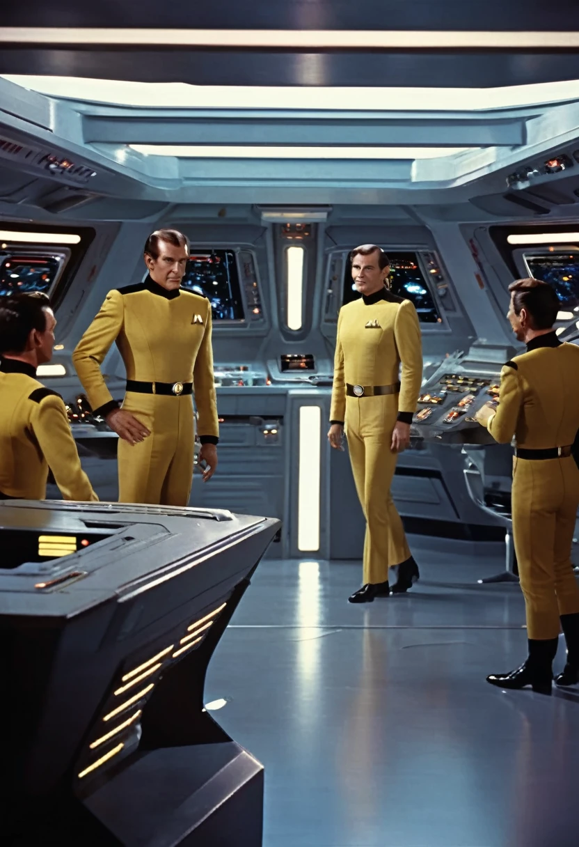 (((retro futurism))), cinematic lighting, ray tracing, reflection light, (lcars)) blending, Fujicolor, multiple views, wide shot, atmospheric perspective, best quality, highres, 1080P, retina, masterpiece, anatomically correct, textured skin, super detail, three sided view, (((whole person: 1.5))), ((vulcan male: 1.2)), starship engineering officer in uniform, in the background large window with another starship firing on the Enterprise, Boots belt with weapon, computer consoles, screens, buttons, switches, touch screen, several crew members on the bridge, ((Starship Enterprise insignia on the chest: 1.4)), (((Large spaceship bridge with several crew members on the bridge: 1.5)))
