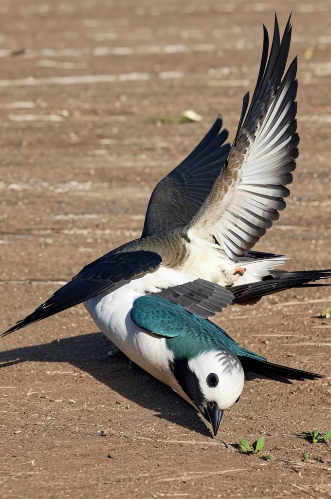 A NEW BIRD WHO IS LEARNING FLYING LYING ON GROUND DURING HIS FIRST ATTEMP