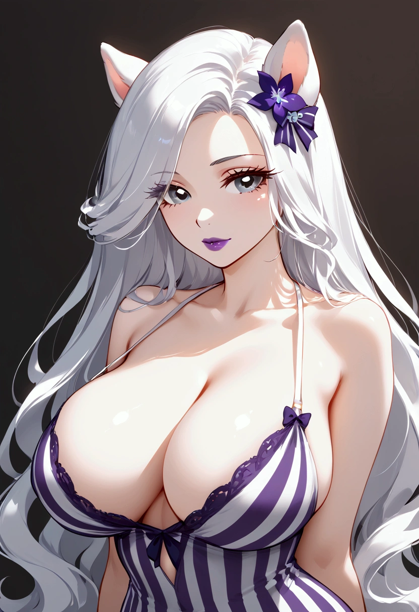 (((my little pony))), black striped white hair, (pale white body), gray eyes, big breasts, purple lips