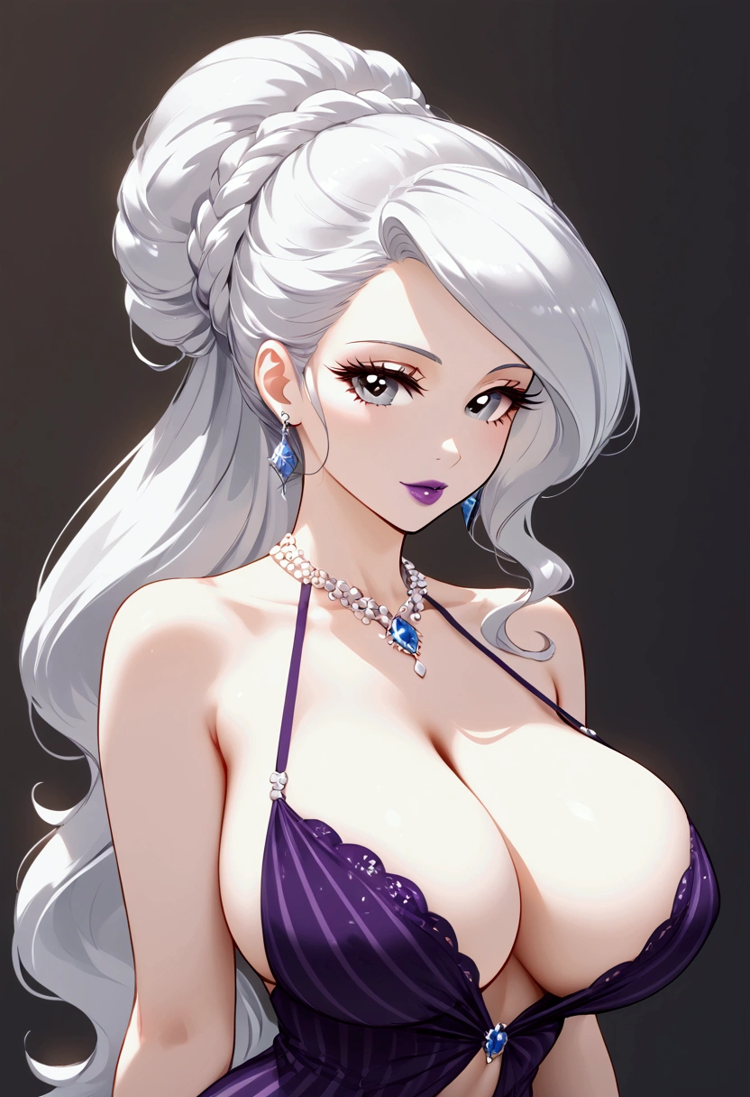 (((my little pony))), black striped white hair, (pale white body), gray eyes, big breasts, purple lips