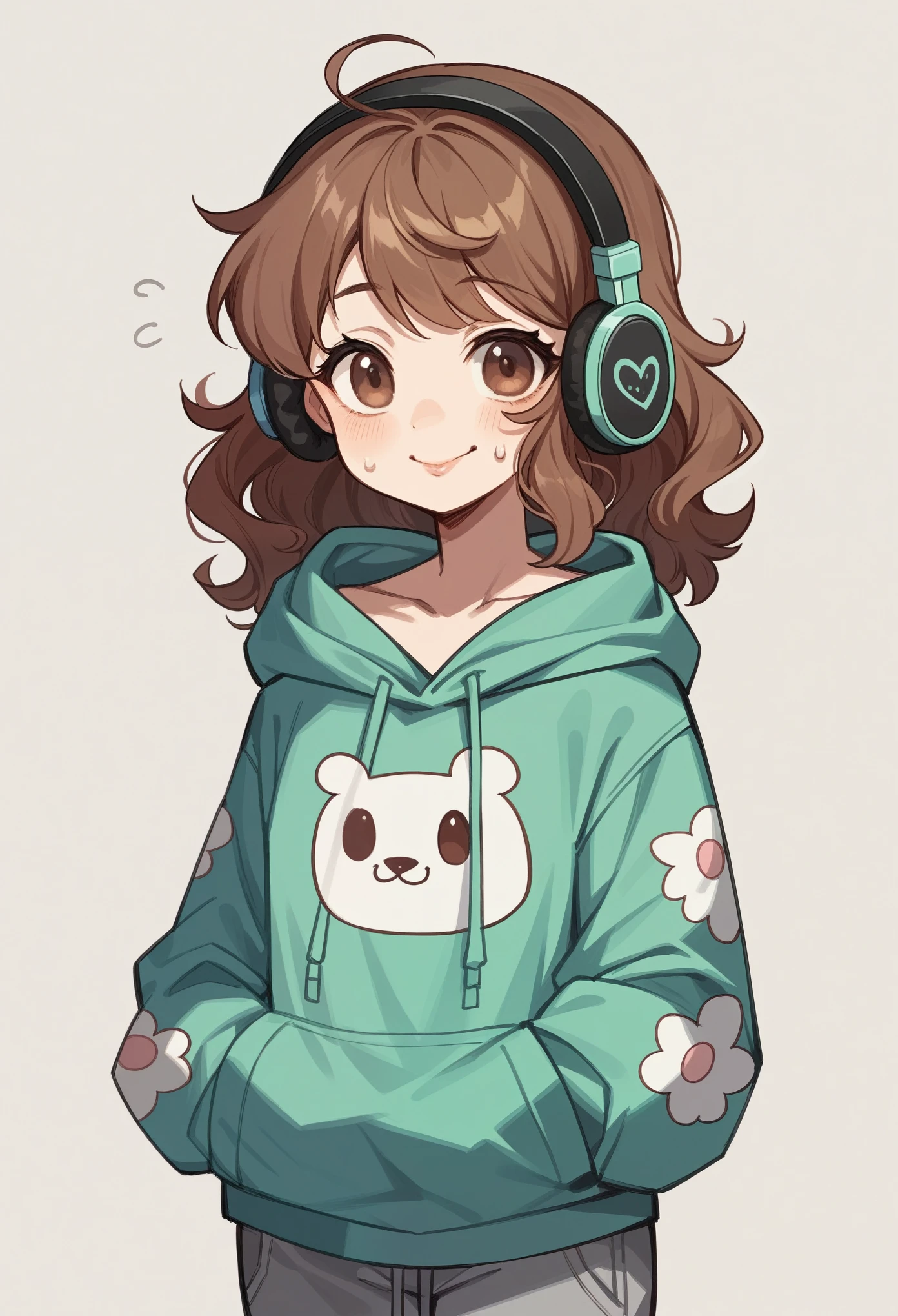 A 20-year-old girl with long, wavy brown hair and expressive brown eyes lounges comfortably at home. She has fair skin with rosy cheeks and wears an oversized pastel sweatshirt and gray sweatpants, along with fluffy, patterned socks. Over her ears are sleek, full-sized headphones, likely matte black or white, adding a modern touch to her relaxed look. She seems immersed in what she's listening to, swaying slightly to the rhythm with a content smile on her lips.