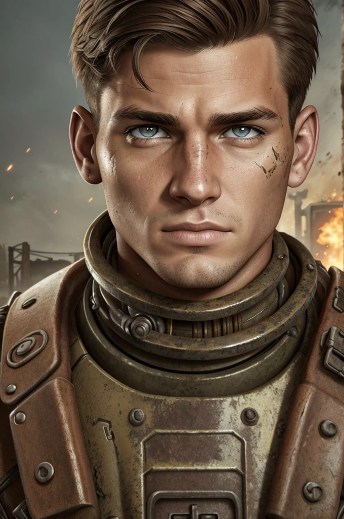 epic professional upper body headshot official art fallout young 20yo male raider, detailed face, smooth features, brunette hair, post-apocalypse, rust, detailed eyes, intricate details