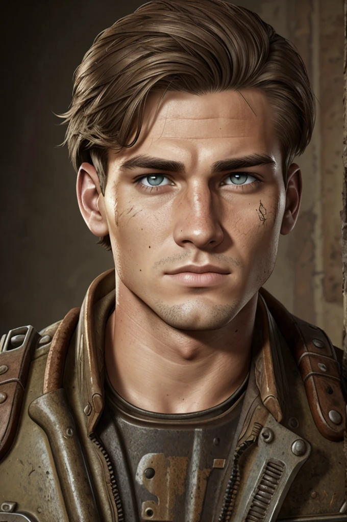 epic professional upper body headshot official art fallout young 20yo male raider, detailed face, smooth features, brunette hair, post-apocalypse, rust, detailed eyes, intricate details