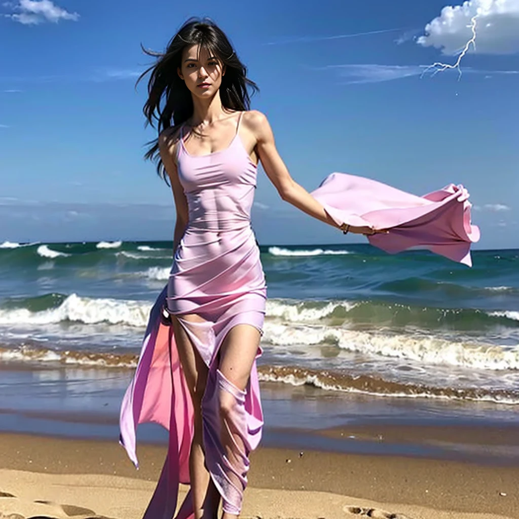((Bigchest,Tomboyish,small heads)), (Well-defined abs: 1.4), (perfect bodies: 1.1), (Long messy hair: 1.2), Black hair, fully body photo,（Extremely detailed CG 8k wallpaper），（Extremely refined and beautiful），（tmasterpiece），（best qualtiy：1.0），（Ultra-high resolution：1.0），beautiful light up，Perfect lightning，realistic shaded，[A high resolution]，Smooth and flawless fair skin，ultra - detailed ，Elongated legs，Bigchest，Slim，emaciated，Standing on the beach by the sea，open air，summertime，in the afternoon，Pink draped lace maxi dress，clavicle, medium breasts 