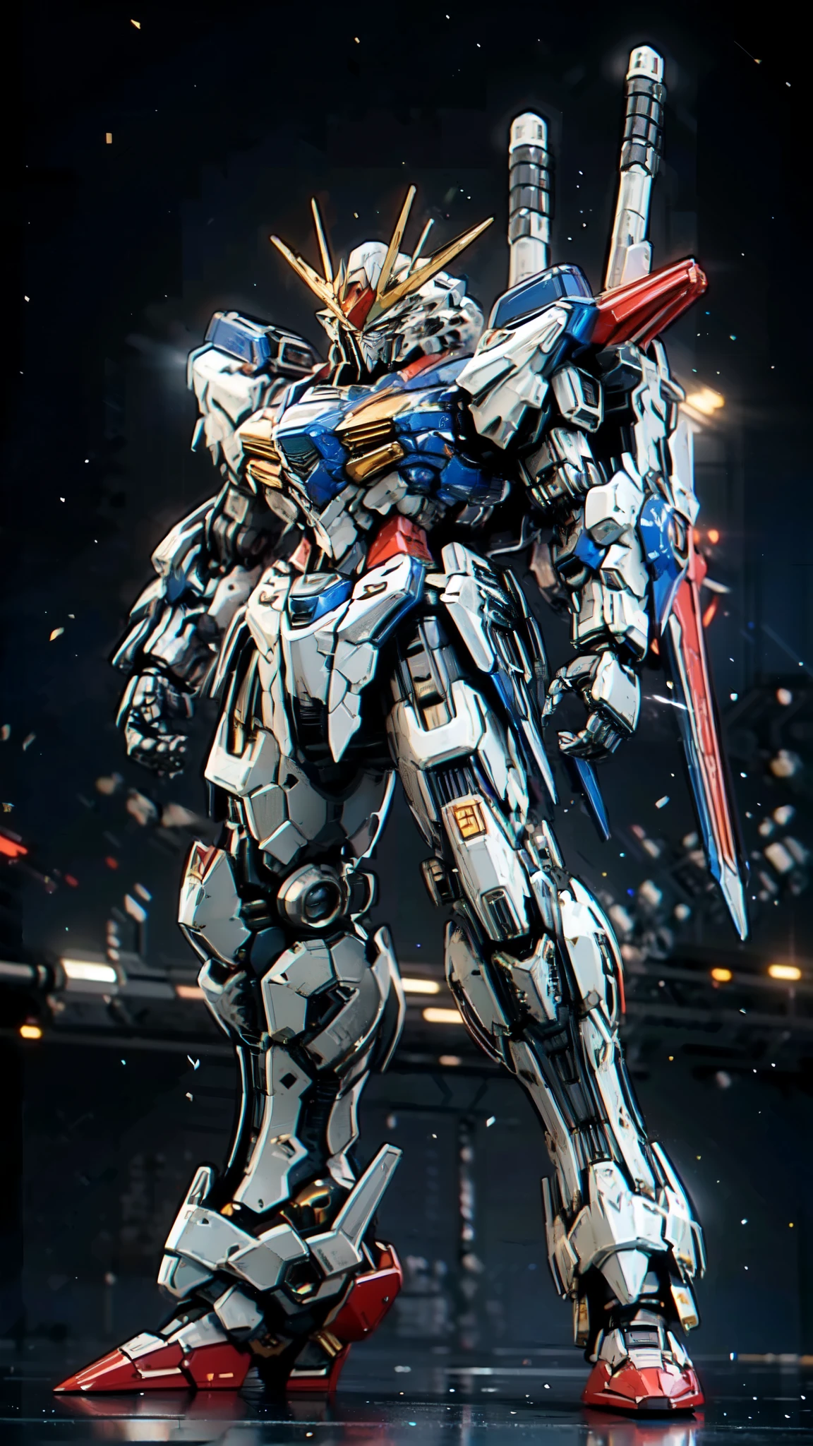 (masterpiece:1.5, best quality:1.5, extremely delicate:1.5), humanoid Mecha, fully enclosed shoulder guards, matching arm and leg guards, full body, full armor, the design balances heavy with agility, (the color scheme is primarily white with red and blue accents, the concept Inspired by Super robot, organic biotech armor, standing, floating high above the futuristic sci-fi city), exquisite and mature art style, (aura effect, energy, glowing eyes, the armor glows), ((SRS)), metallic, dramatic, high definition, highres, ultra-detailed, ultra-fine painting, professional, perfect body proportions, anatomically correct, symmetrical face, extremely detailed eyes and face, high quality eyes, creativity, RAW photo, UHD, 32k, Natural light, cinematic lighting, masterpiece-anatomy-perfect
