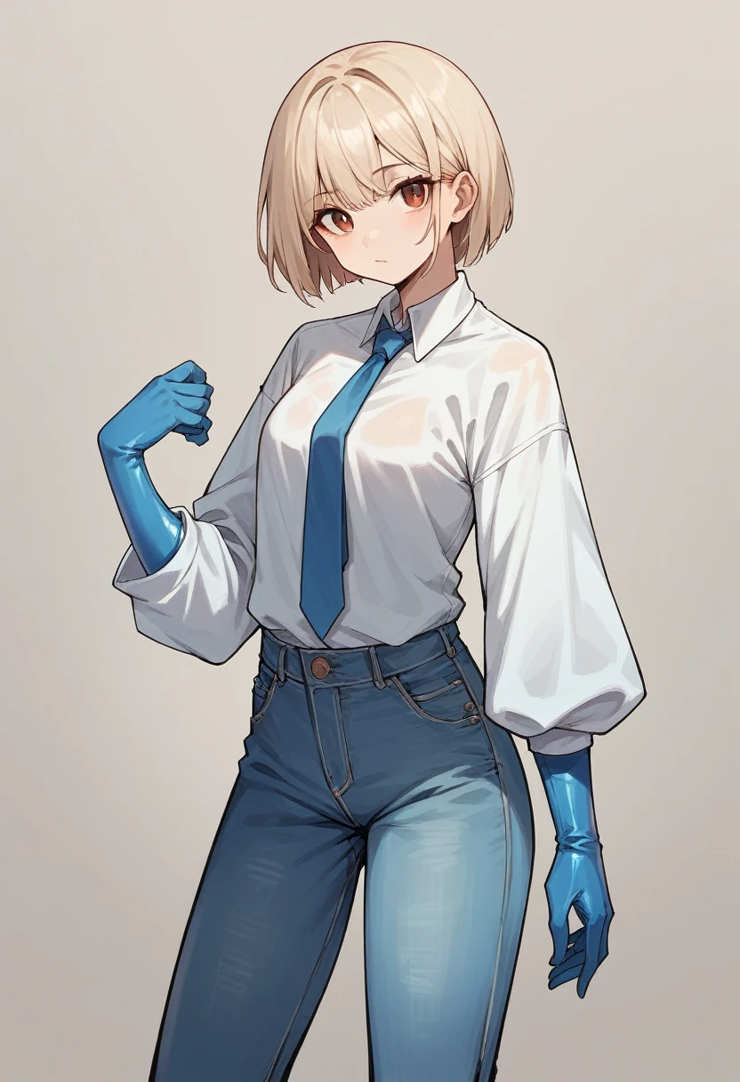 1girl, light hair, ((blue elbow gloves)), ((surgical gloves)), ((latex gloves)), (((long sleeves))), ((white oversize shirt)), ((gloves over sleeves)), ((baggy jeans)), tie, looking at viewer, standing, solo