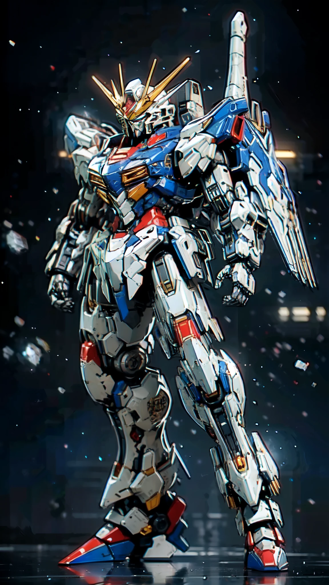 (masterpiece:1.5, best quality:1.tremely delicate:1.5), humanoid Mecha, fully enclosed shoulder guards, matching arm and leg guards, full body, full armor, the design balances heavy with agility, (the color scheme is primarily white with red and blue accents, the concept Inspired by Super robot, organic biotech armor, standing, floating high above the futuristic sci-fi city), exquisite and mature art style, (aura effect, energy, glowing eyes, the armor glows), ((SRS)), metallic, dramatic, high definition, highres, ultra-detailed, ultra-fine painting, professional, perfect body proportions, anatomically correct, symmetrical face, extremely detailed eyes and face, high quality eyes, creativity, RAW photo, UHD, 32k, Natural light, cinematic lighting, masterpiece-anatomy-perfect