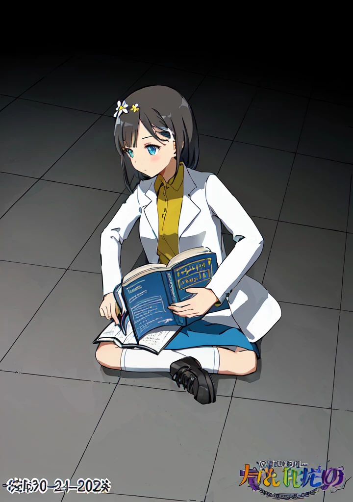 Girl, dark hair, blue eyes, flower hairpin, white lab coat, yellow shirt, blue skirt, black shoes, white socks, dark blue calculus book, writing, studying on the floor, half dark room