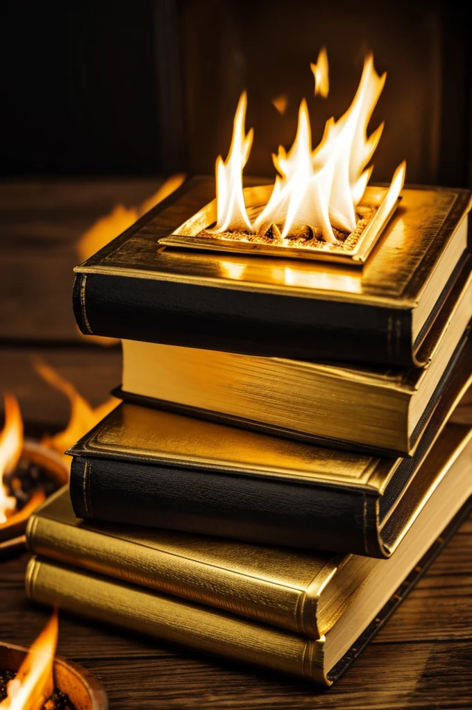 Generate image of a book and a fire on top simple in gold
