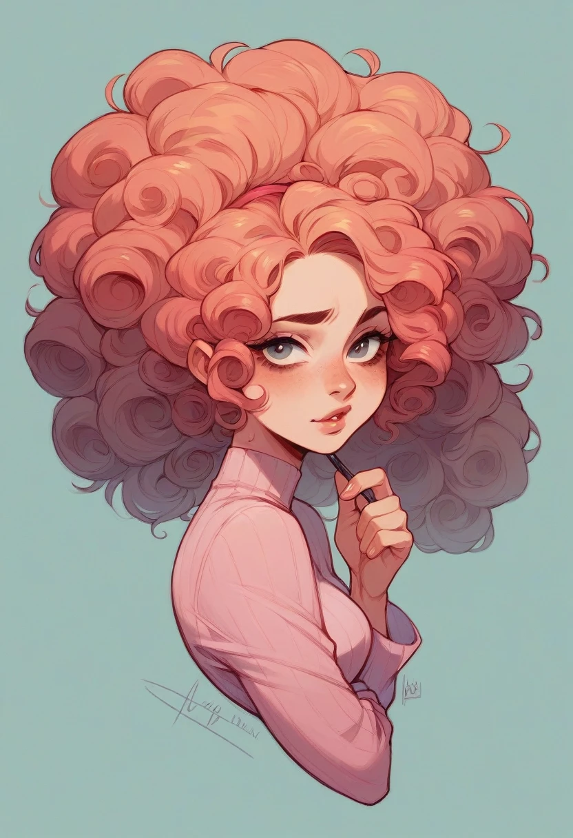 I want a very vain character that I really like who has makeup with her holding her hand in pink clothes and with curly hair I want her with big hair I also want her to hold makeup with her hand