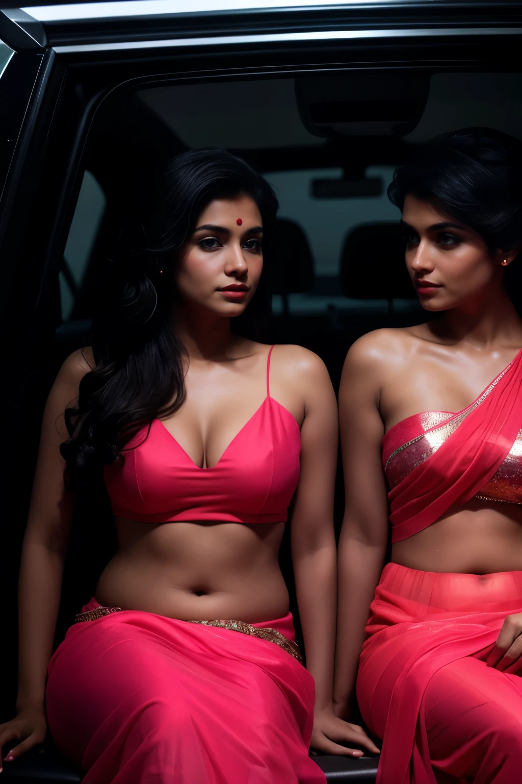 Two indian models sitting inside a car, in a rainy night, dark background, looking each other, romantic style, wearing pink and red saree, neon lights, 