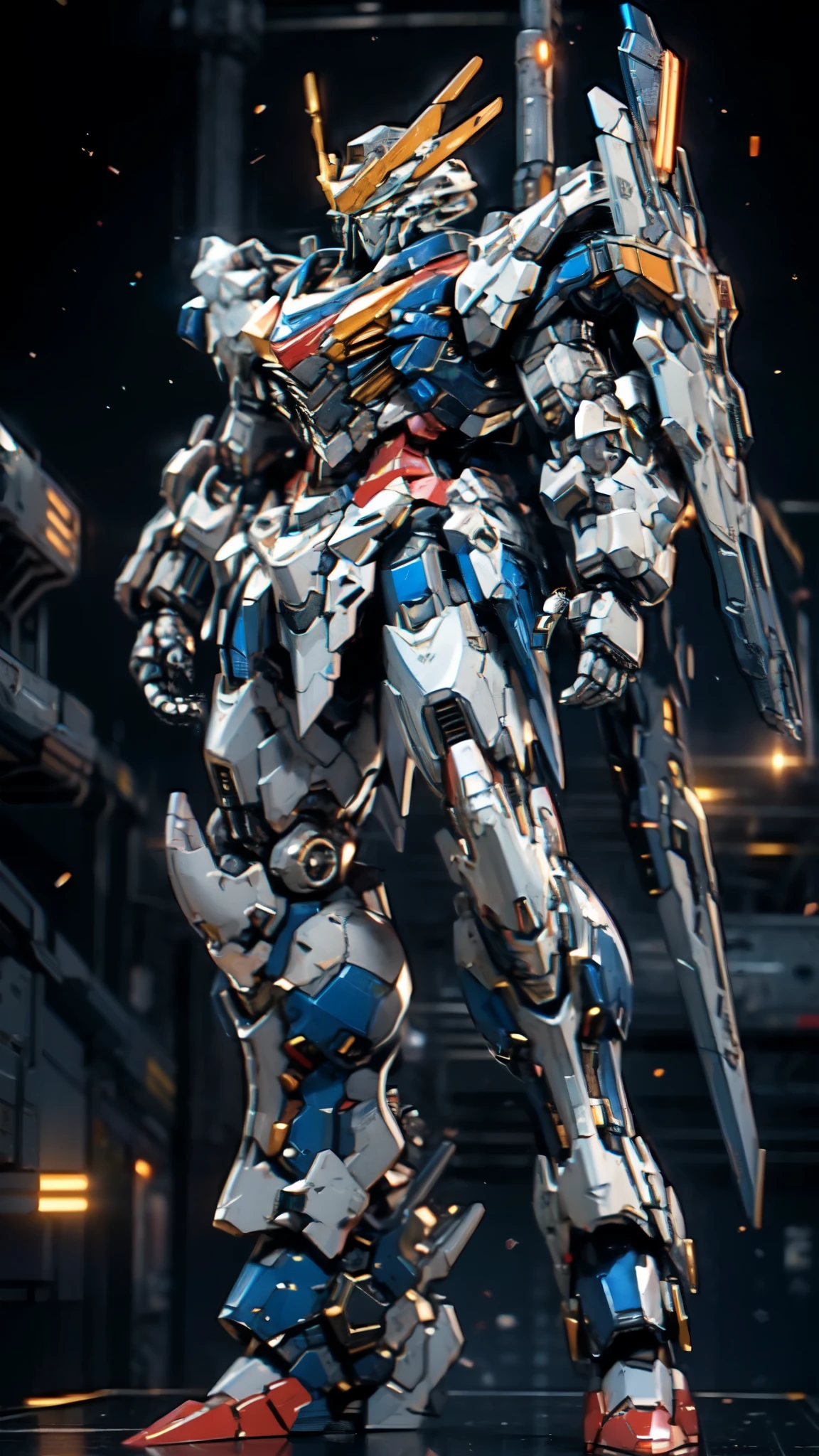 (masterpiece:1.5, best quality:1.5, extremely delicate:1.5), humanoid Mecha, fully enclosed shoulder guards, matching arm and leg guards, full body, full armor, the design balances heavy with agility, (the color scheme is primarily white with red and blue accents, the concept Inspired by Super robot, organic biotech armor, standing, floating high above the futuristic sci-fi city), exquisite and mature art style, (aura effect, energy, glowing eyes, the armor glows), ((SRS)), metallic, dramatic, high definition, highres, ultra-detailed, ultra-fine painting, professional, perfect body proportions, anatomically correct, symmetrical face, extremely detailed eyes and face, high quality eyes, creativity, RAW photo, UHD, 32k, Natural light, cinematic lighting, masterpiece-anatomy-perfect