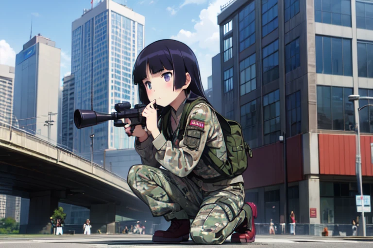 ruri gokou, (Ultra-high resolution), (masterpiece), (Attention to detail), (high quality), (最high quality) , 1 girl, alone, Hime cut, Long Hair, ((Sniper)), Sniperライフル, Tactical Gear, Urban Background, skyscraper, Camouflage, Sniper pose, Serious expression, goggles, Urban Camo, Kneeling