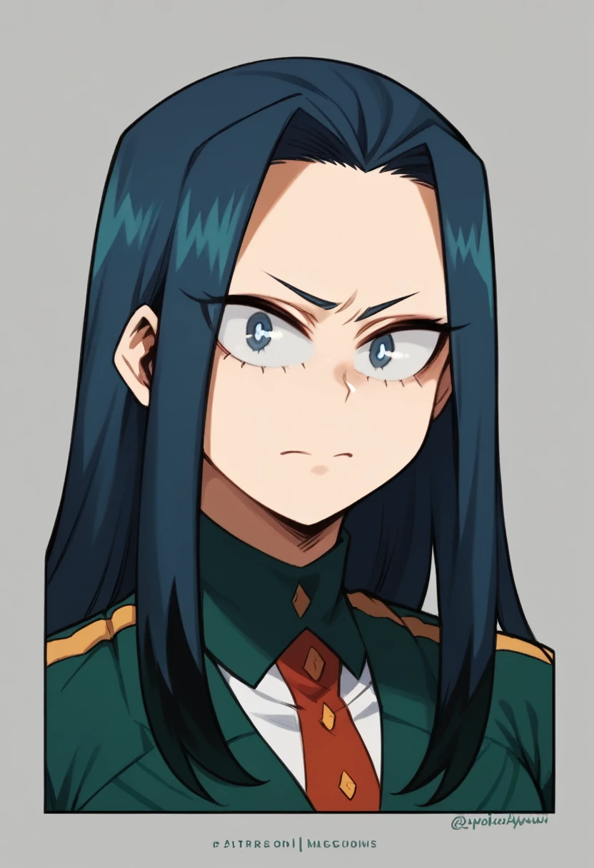 Create a My Hero Academia-style girl, with straight navy blue hair with black highlights, grayish blue eyes, alpha eyes, long hair, somewhat serious expression. 