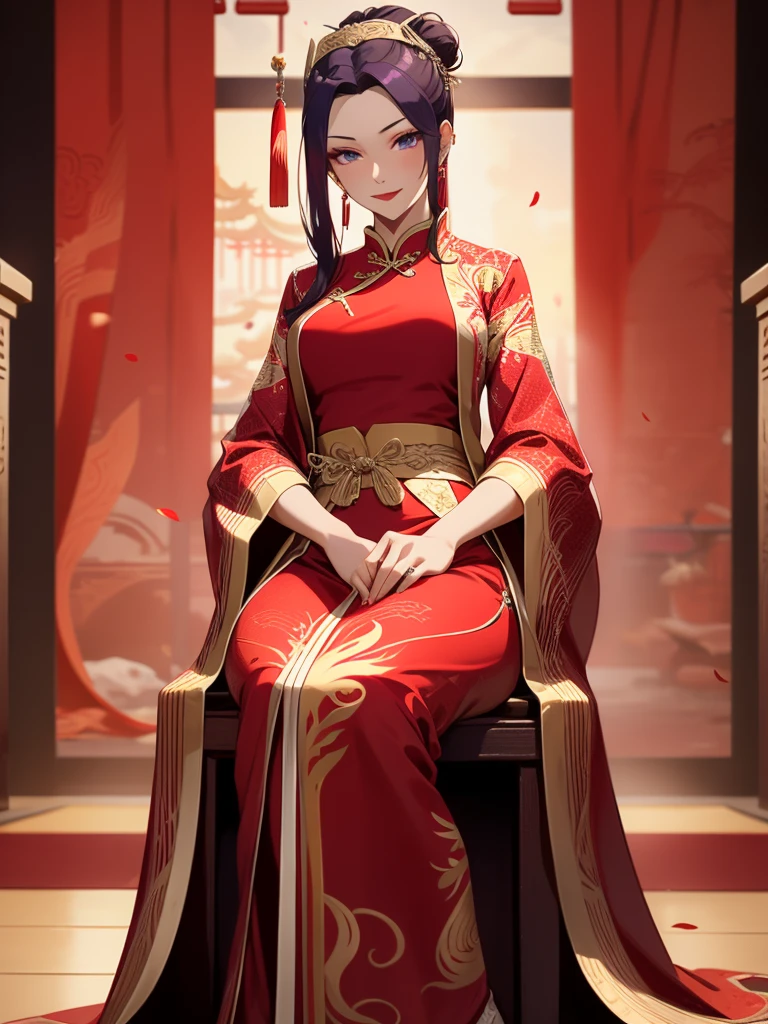 score_9, score_8_up, score_7_up, score_6_up, score_5_up, score_4_up, Raiden shogun, purple eyes, purple long hair, tied hair, hair in a bun, hairpin, traditional Chinese red wedding hanfu dress, Yourqipao Red Embroidery Chinese Xiuhe Hanfu Women's Satin Cheongsam Ancient Traditional Chinese Bride, Wedding Dress, Long Dresses, long earrings, red lipstick, detailed eyes, traditional wear, sexy attractive, hot, traditional, smiling widely, happy, blushing, lotuses, sitting,