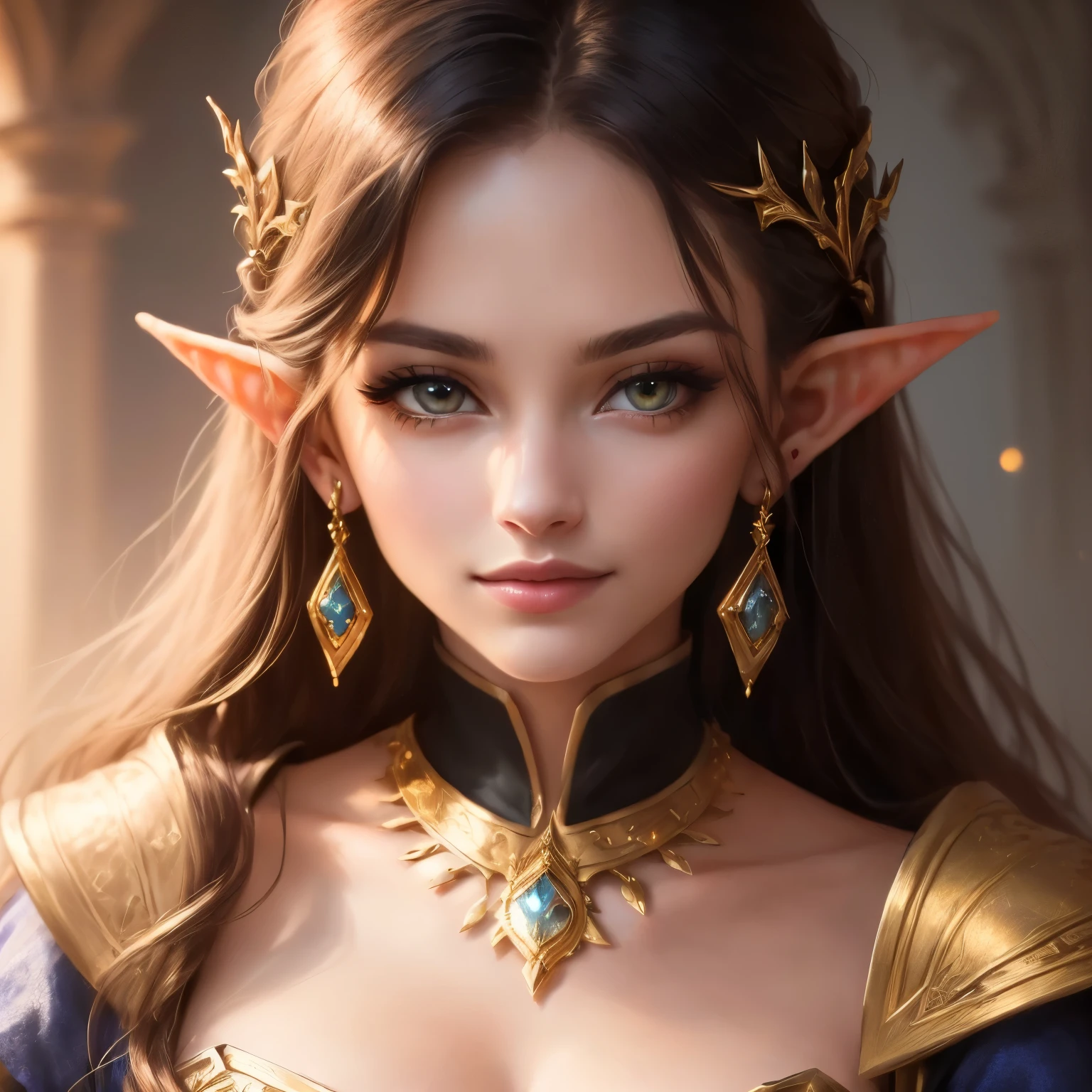 （（anger））、Woman wearing a gold collar and a necklace with blue stones, Elf portrait, a Elf portrait, Elf portrait queen, とても美しいElf portrait, Elf Girl, Fantasy Concept Art Portrait, Elf Princess, elven character with smirk, Beautiful and elegant elven queen, alluring Elf Princess knight, She has elven ears and golden eyes