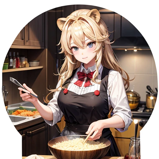 A blonde lion woman is making pork loin cutlet A bowl of rice