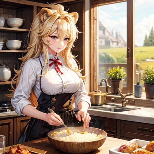 A blonde lion woman is making pork loin cutlet　A bowl of rice
