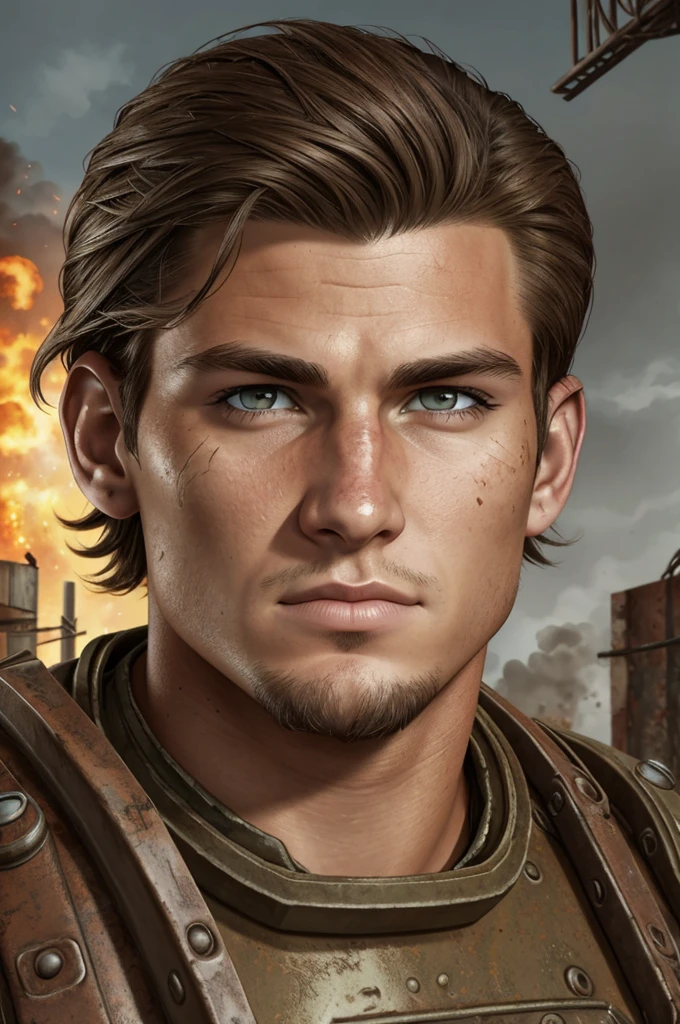 epic professional upper body headshot official art fallout young 20yo male raider, detailed face, smooth features, brunette hair, post-apocalypse, rust, detailed eyes, intricate details