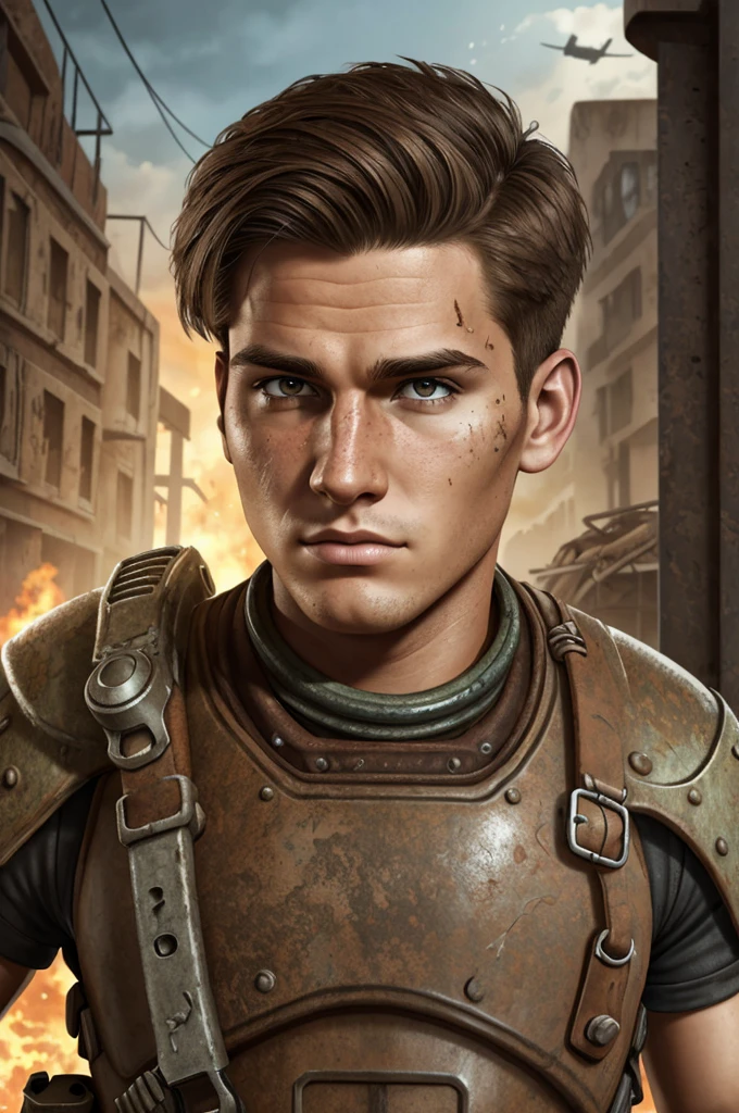 epic professional upper body headshot official art fallout young 20yo male raider, detailed face, smooth features, brunette hair, post-apocalypse, rust, detailed eyes, intricate details