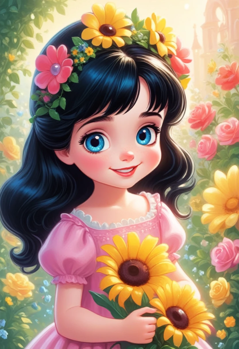 Little Princess Helena, so sweet and kind, He lives in Floralia, where everything is feverish. With black hair and a shining smile, She makes the flowers grow, and the sun shine. Disney style