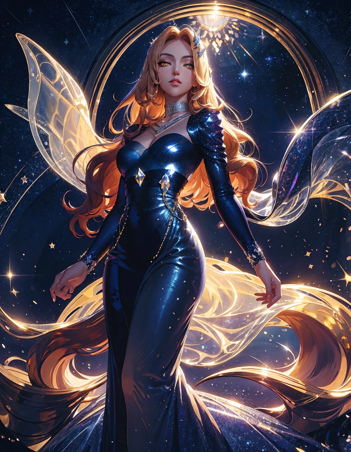 Masterpiece, shining eyes, yellow eyes, stars, curly hair, domed hands, glitter, beauty, starry sky, light, radiance, dark blue evening dress, gold, shining lilies, jirai fashion, glowify
