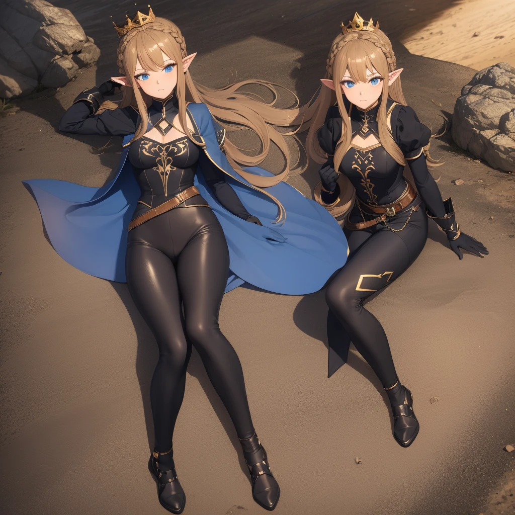 
((work of art, maximum quality, high resolution)), ((highly detailed 8K unified CG wallpaper)), 1 girl, Princess Zelda, shorth hair, crown braid, hair clip, pointy ears, Brown cover, shirt blue, puff sleeves, long sleeves, gloves fingerless, black gloves, black pants, tight pants, aazelda, long hair, crown braid, hair clip, pointy ears, shirt blue, long sleeves, gloves fingerless, black gloves, black pants, tight pants sweating, plein-air, gram, louka, cliffs, stony,