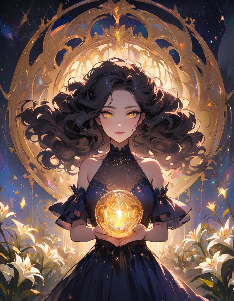 Masterpiece, shining eyes, yellow eyes, stars, curly hair, domed hands, glitter, beauty, starry sky, light, radiance, dark blue evening dress, gold, shining lilies, jirai fashion, glowify