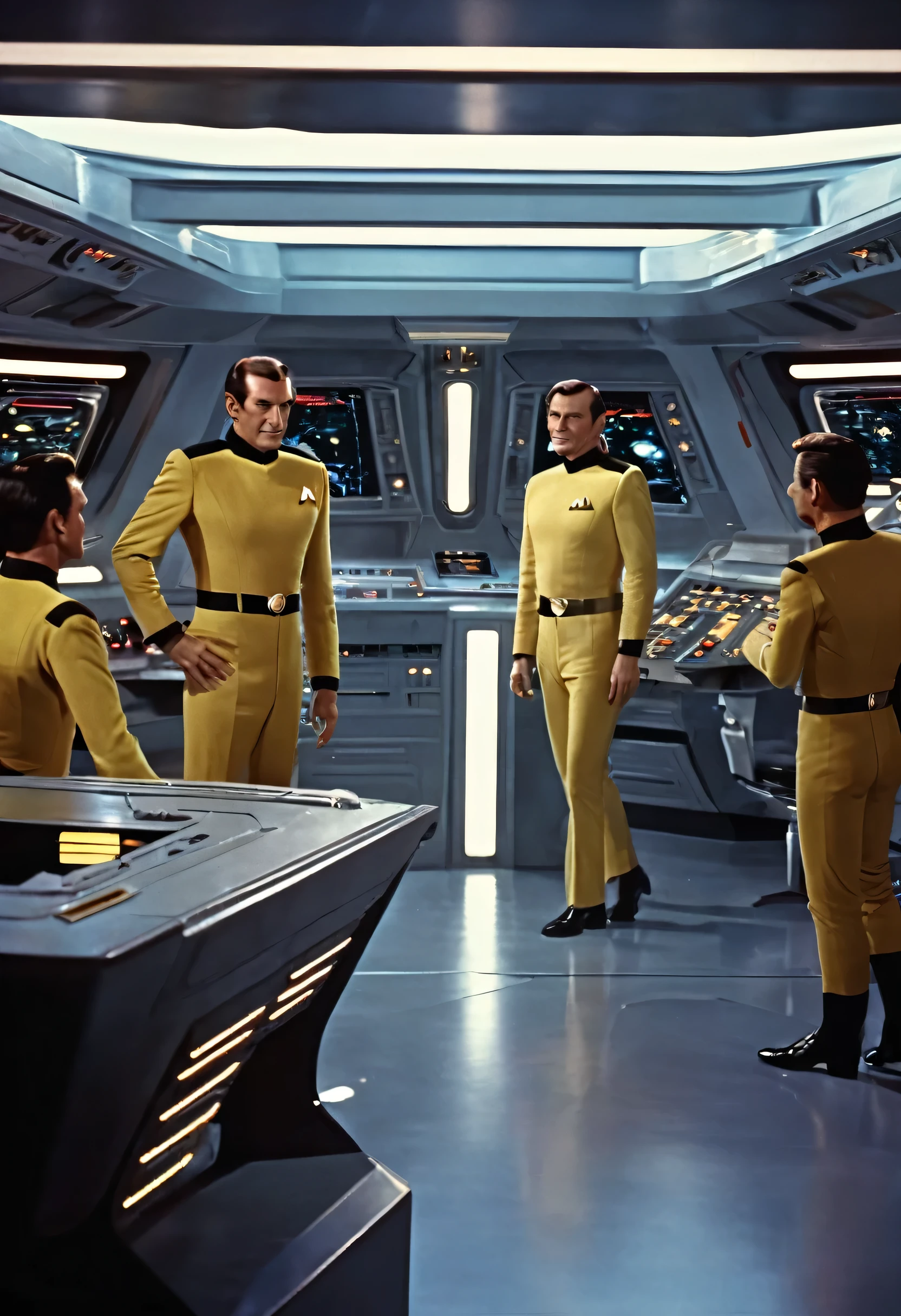 (((retro futurism))), cinematic lighting, ray tracing, reflection light, (lcars)) blending, Fujicolor, multiple views, wide shot, atmospheric perspective, best quality, highres, 1080P, retina, masterpiece, anatomically correct, textured skin, super detail, three sided view, (((whole person: 1.5))), ((vulcan male: 1.2)), starship engineering officer in uniform, in the background large window with another starship firing on the Enterprise, Boots belt with weapon, computer consoles, screens, buttons, switches, touch screen, several crew members on the bridge, ((Starship Enterprise insignia on the chest: 1.4)), (((Large spaceship bridge with several crew members on the bridge: 1.5)))