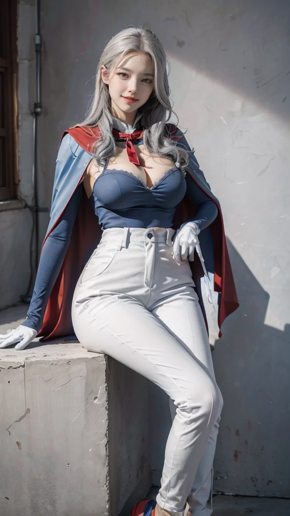 ,colorful,(masterpiece:1,2), best quality, masterpiece, highres, original, extremely detailed wallpaper, 1girl ,smile,solo, grey hair, blue eyes, original_outfits,red cape,white pants, gloves, breasts, uniform, large breasts