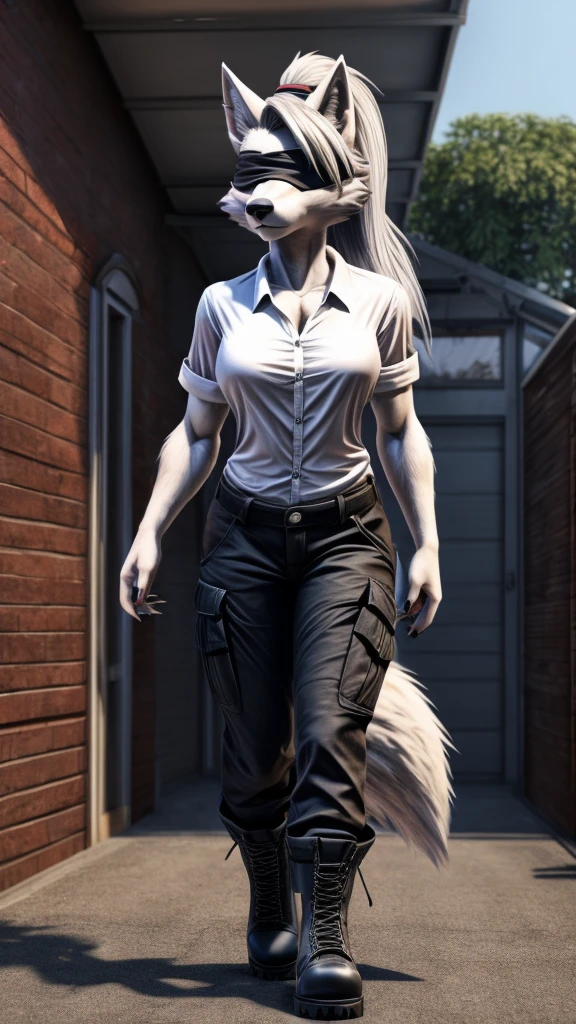 Loona from Helluva Boss, female wolf, anthro, mature adult, soft white short hair with ponytail, blindfolded, tall, muscular, white shirt, black cargo pants, black boots, solo, beautiful, high quality, precise, full body, front view, 4K