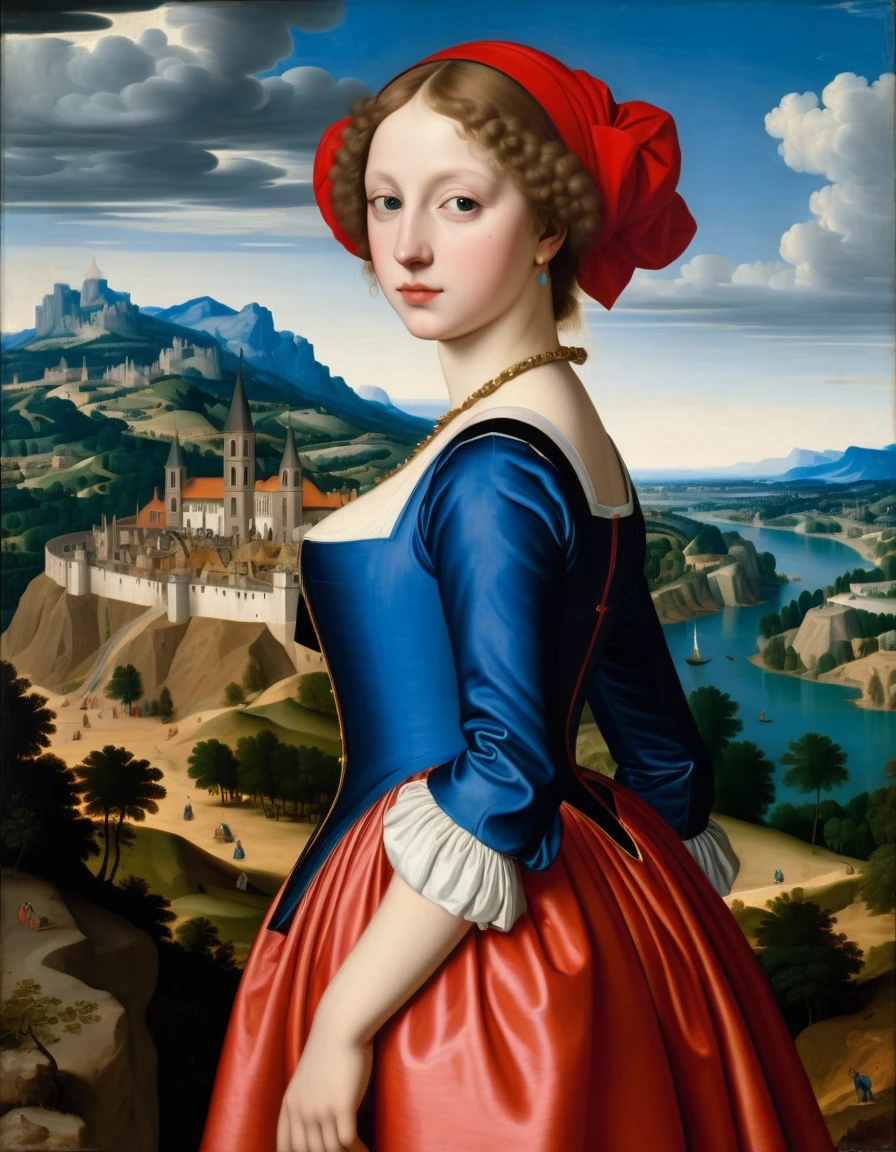 [[full-length view: young attractive girl ((styleJean Auguste Ingres))]/[background: (amazing Renaissance landscape based on Pieter Brueghel the Elder) (masterpiece)], oil painting, extreme detail, intricate, unusual, ((best quality))]
