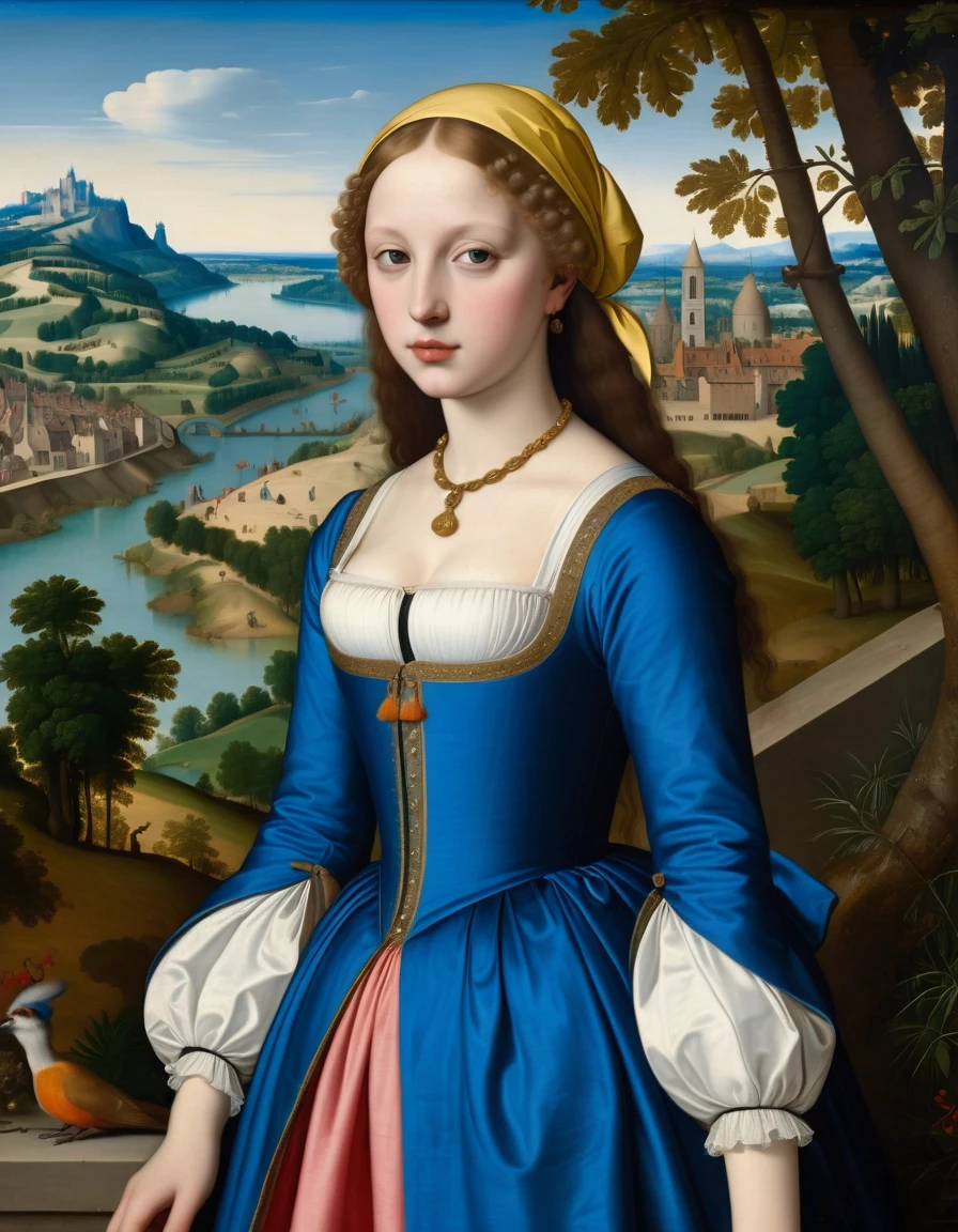 [[full-length view: young attractive girl ((styleJean Auguste Ingres))]/[background: (amazing Renaissance landscape based on Pieter Brueghel the Elder) (masterpiece)], oil painting, extreme detail, intricate, unusual, ((best quality))]