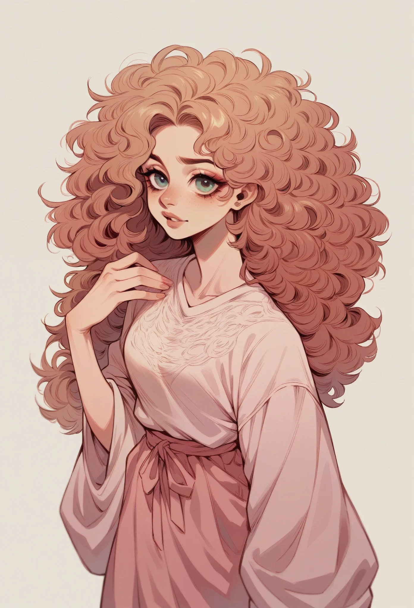 I want a very vain character that I really like who has makeup with her holding her hand in pink clothes and with curly hair I want her with big hair I also want her to hold makeup with her hand