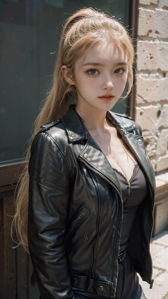 1girl, solo, face, portrait, long hair, pony tail, blonde hair, green eyes, large breasts, (black leather jacket:1.2) , cleavage, school, blushing, looking at the viewer,