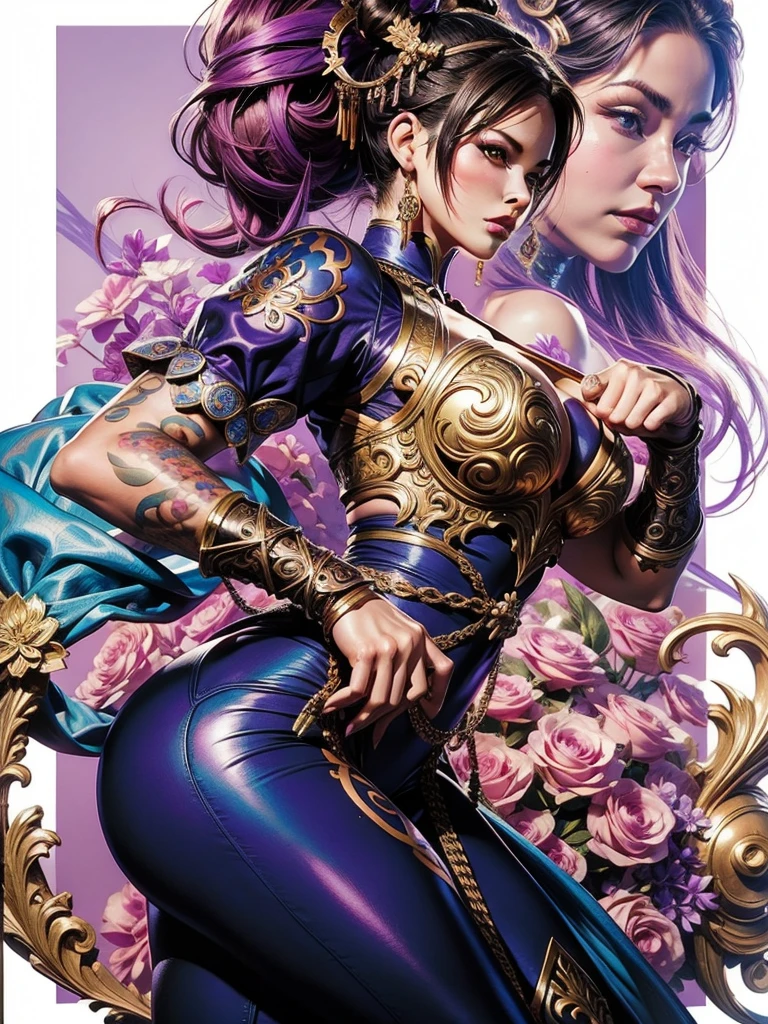 a close up of a woman in a dress with a purple background, Zafina, style ivan talavera and artgerm, extremely detailed artgerm, highly detailed exquisite fanart, portrait of chun - li, portrait of chun li, style artgerm, chun li, chun - li, chun-li, artgerm. high detail, graphic artist artgerm